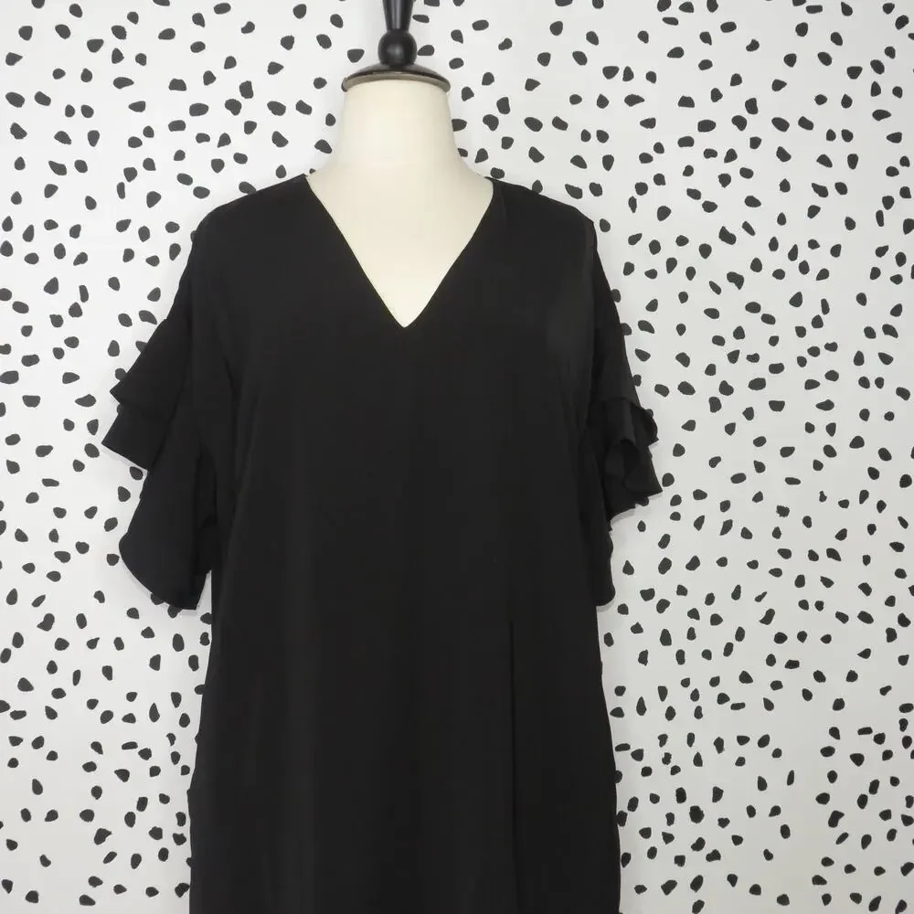 City Chic Black Double Frill Ruffle Sleeve V-Neck Tunic Dress - Picture 5 of 10